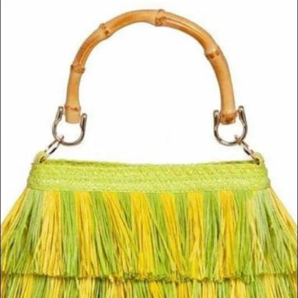 LAST ERIC JAVITS LIL’ MAMBO STRAW BAG IN CHARTREUSE WITH XBODY STRAP - Picture 7 of 8